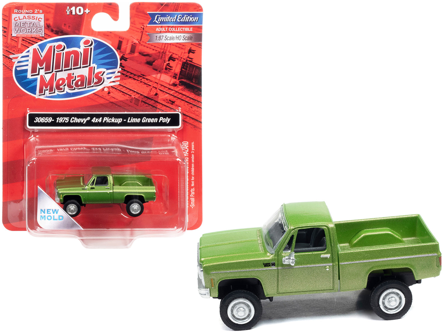 1975 Chevrolet 4x4 Pickup Truck Lime Green Metallic 1/87 (HO) Scale Model Car by Classic Metal Works-DiecastModeler.com