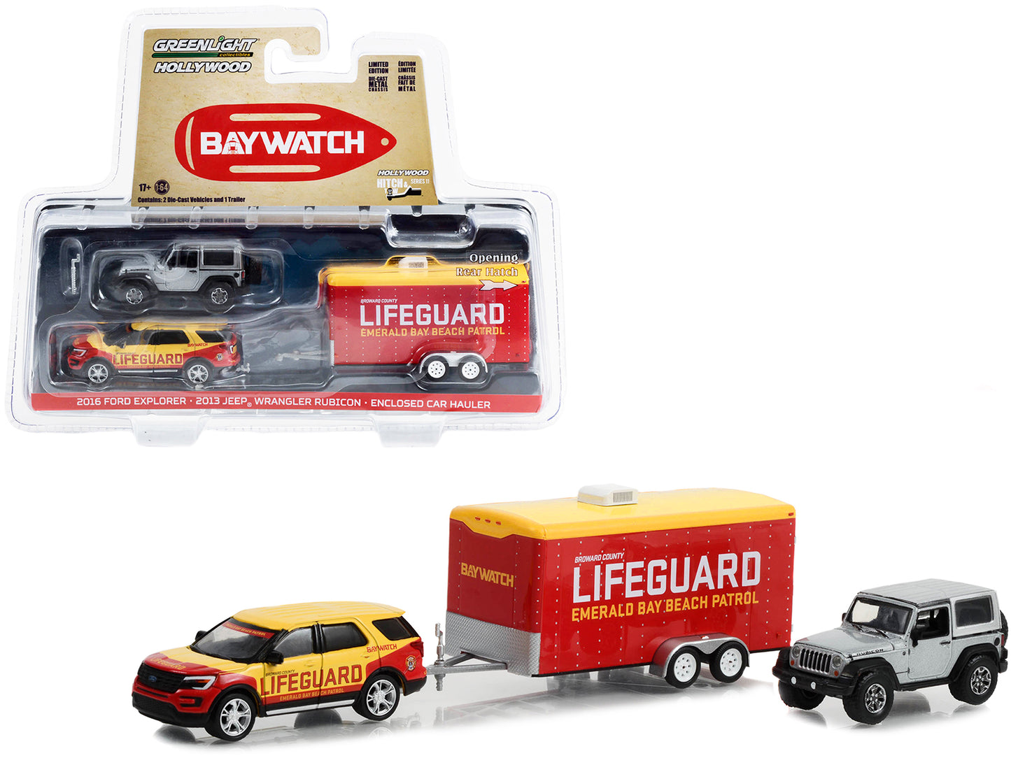 2016 Ford Explorer "Emerald Bay Beach Patrol Lifeguard" Yellow and Red with 2013 Jeep Wrangler Rubicon Gray and Enclosed Car Hauler "Baywatch" (2017) Movie "Hollywood Hitch & Tow" Series 11 1/64 Diecast Model Cars by Greenlight-DiecastModeler.com