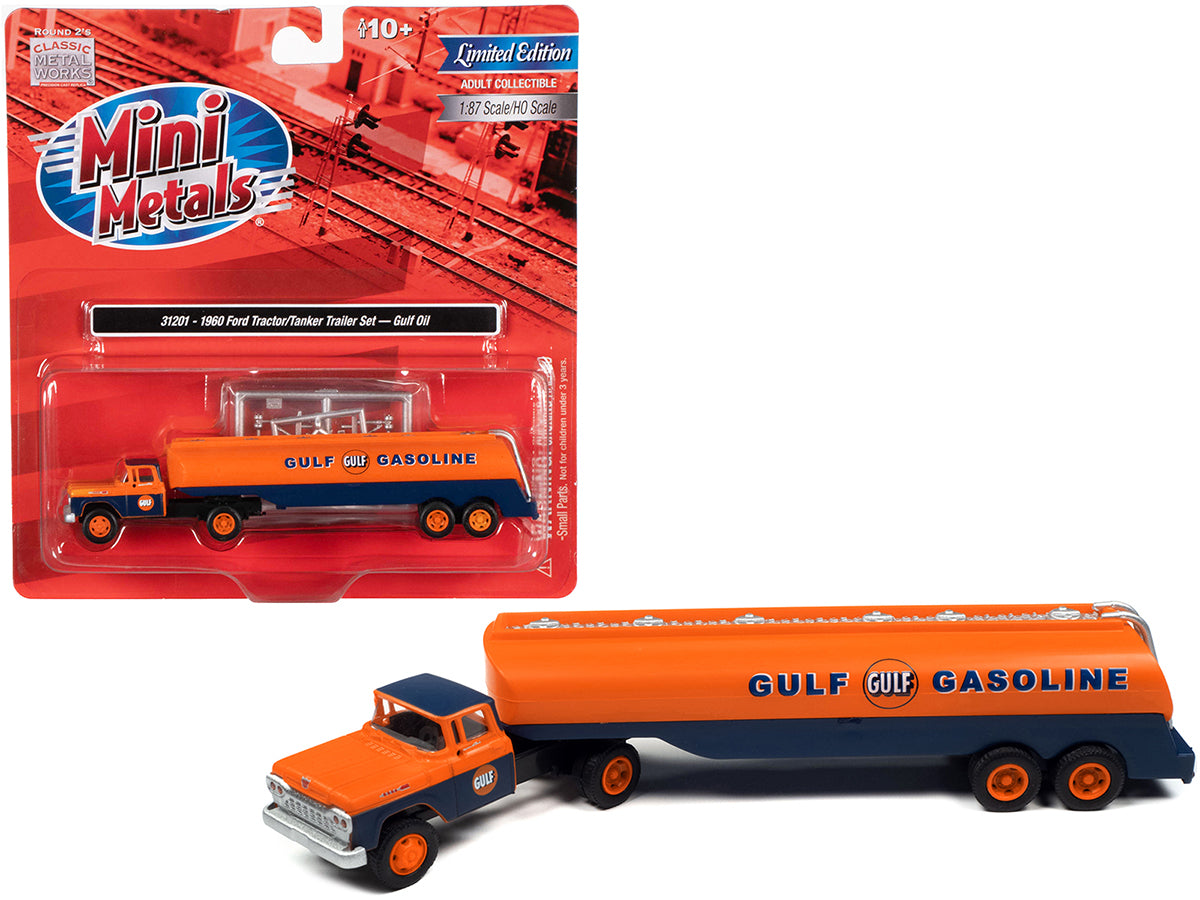 1960 Ford Tanker Truck Orange and Blue "Gulf Oil" 1/87 (HO) Scale Model by Classic Metal Works-DiecastModeler.com