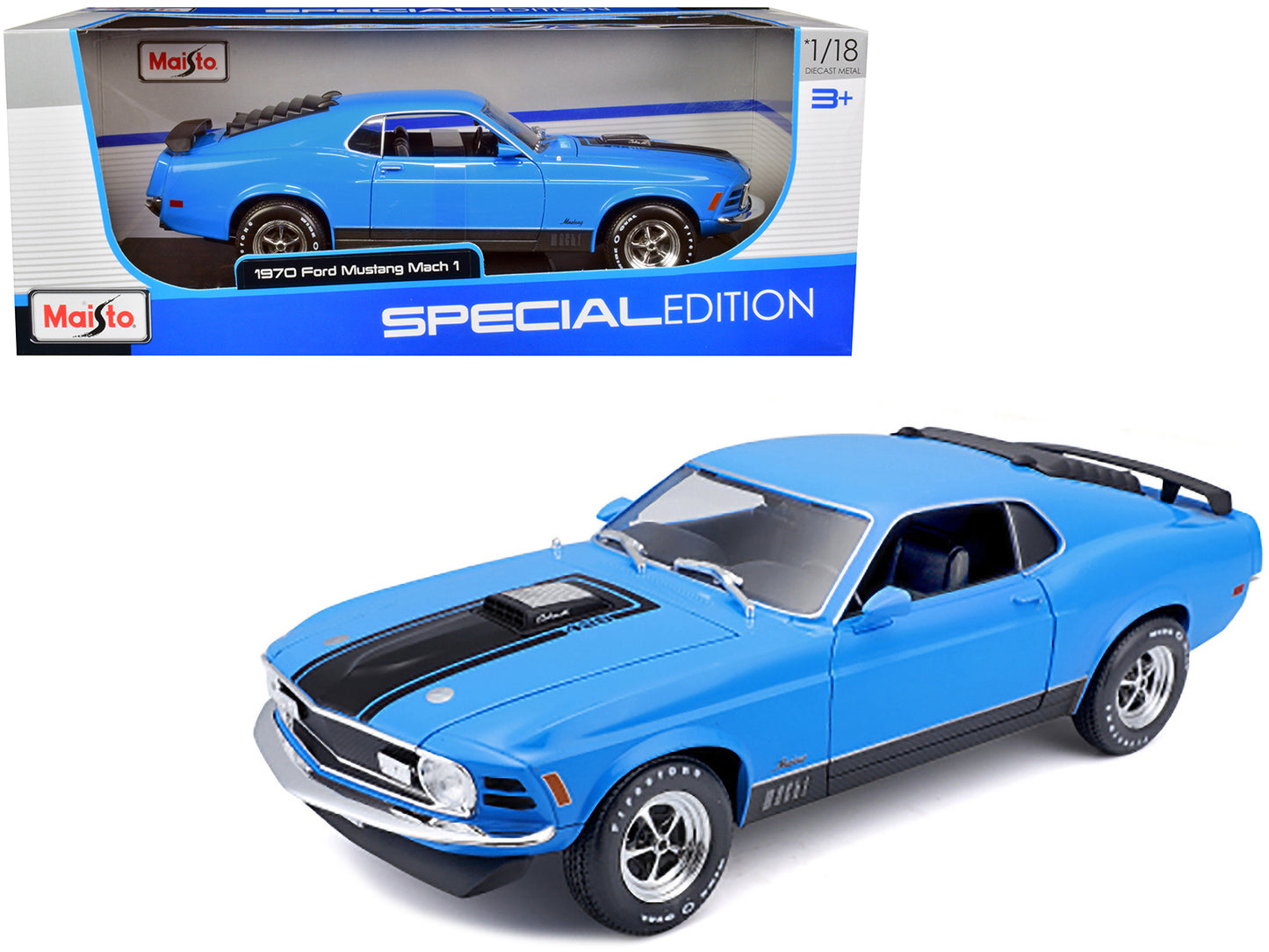 1970 Ford Mustang Mach 1 428 Blue with Black Stripes "Special Edition" 1/18 Diecast Model Car by Maisto-DiecastModeler.com