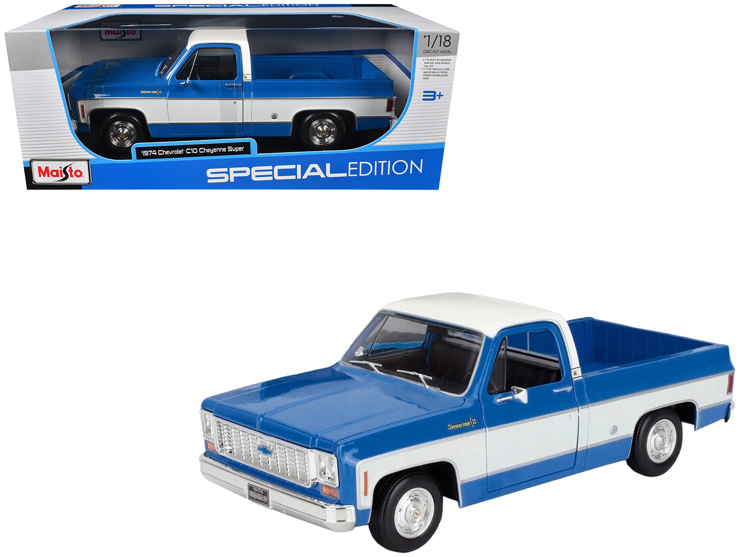 1974 Chevrolet C10 Cheyenne Super Pickup Truck Blue and White "Special Edition" Series 1/18 Diecast Model Car by Maisto-DiecastModeler.com