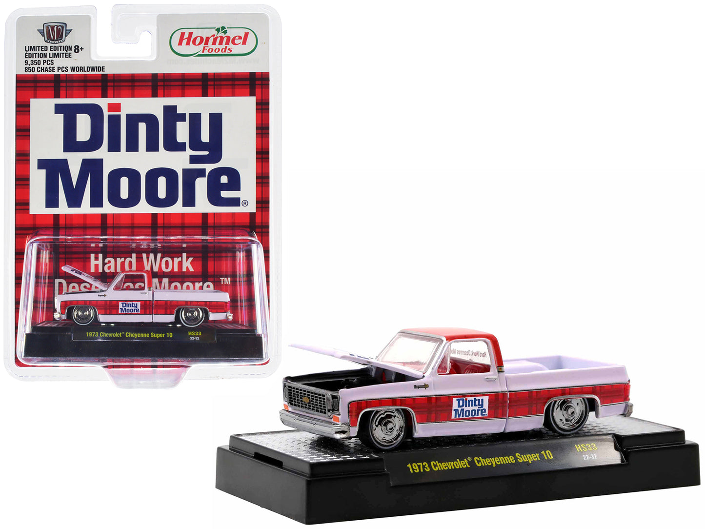 1973 Chevrolet Cheyenne Super 10 Pickup Truck White with Red Top and Red Plaid Stripe "Dinty Moore" Limited Edition to 9350 pieces Worldwide 1/64 Diecast Model Car by M2 Machines-DiecastModeler.com