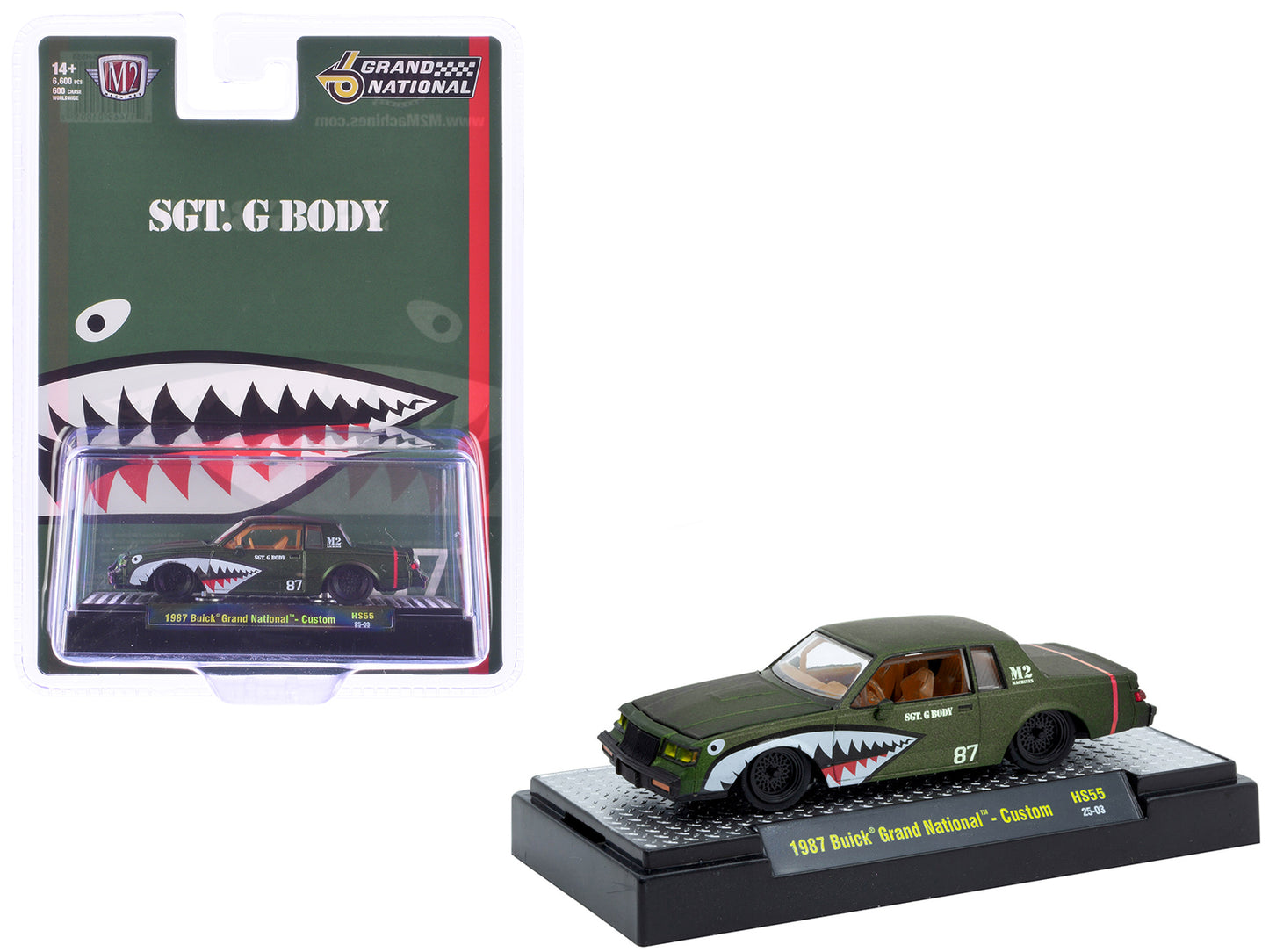 1987 Buick Grand National Custom Green Metallic with Shark Mouth Graphics "Sgt. G Body" Limited Edition to 6600 pieces Worldwide 1/64 Diecast Model Car by M2 Machines-DiecastModeler.com