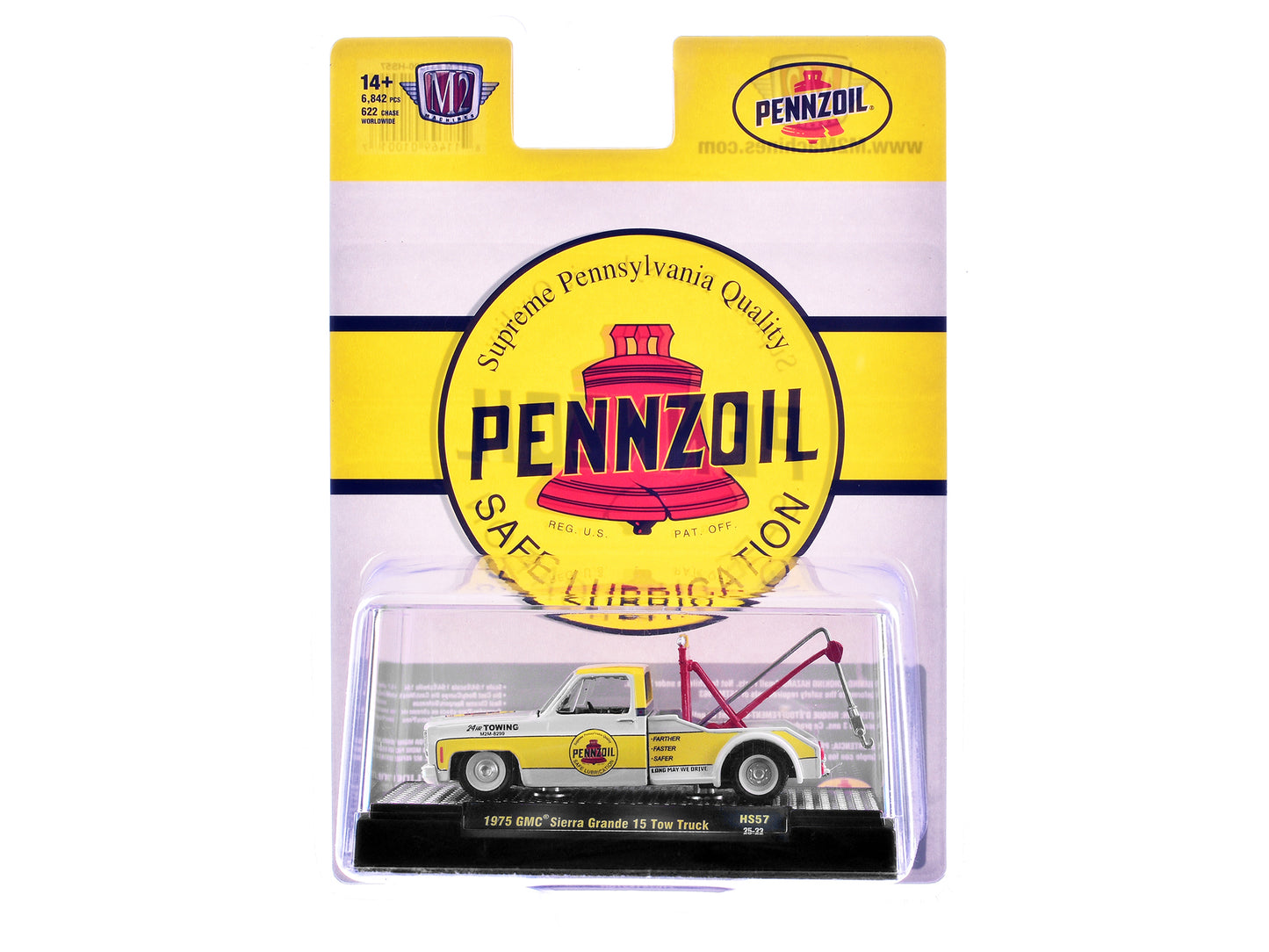 1975 GMC Sierra Grande 15 Tow Truck "Pennzoil" Off White and Yellow Limited Edition to 6842 pieces Worldwide 1/64 Diecast Model Car by M2 Machines