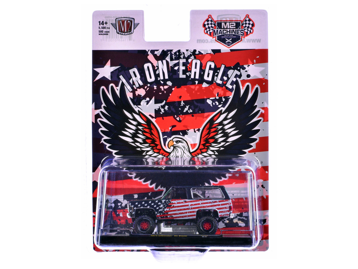 1974 Chevrolet K5 Blazer "Iron Eagle" Dark Blue with American Flag Graphics Limited Edition to 5500 pieces Worldwide 1/64 Diecast Model Car by M2 Machines