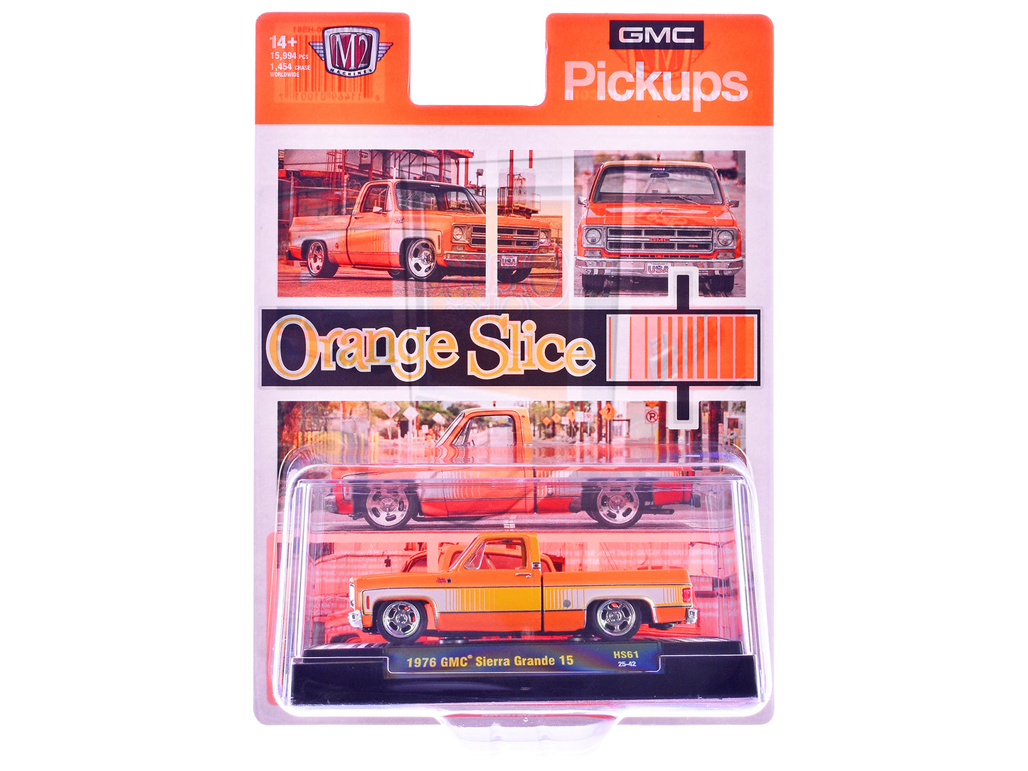 1976 GMC Sierra Grande 15 Pickup Truck Orange and white with Orange Interior Limited Edition to 15994 pieces Worldwide 1/64 Diecast Model Car by M2 Machines-DiecastModeler.com