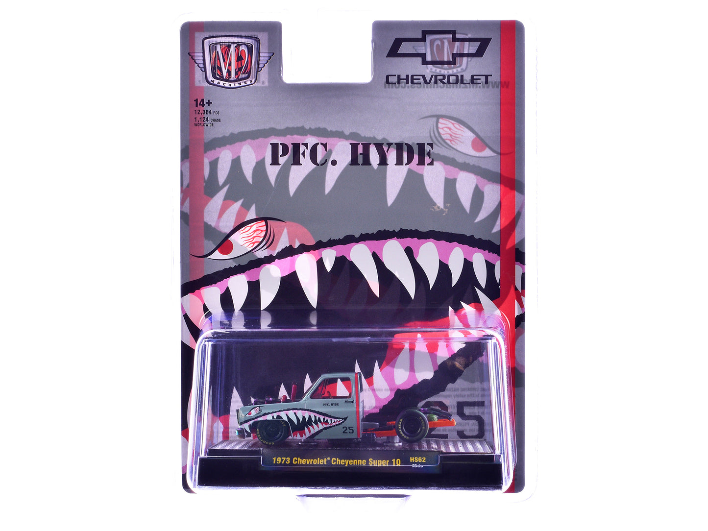 1973 Chevrolet Cheyenne Super 10 Bedless Truck "PFC. Hyde" Gray with Shark Mouth Graphics "Lowriders" Limited Edition to 12364 pieces Worldwide 1/64 Diecast Model Car by M2 Machines