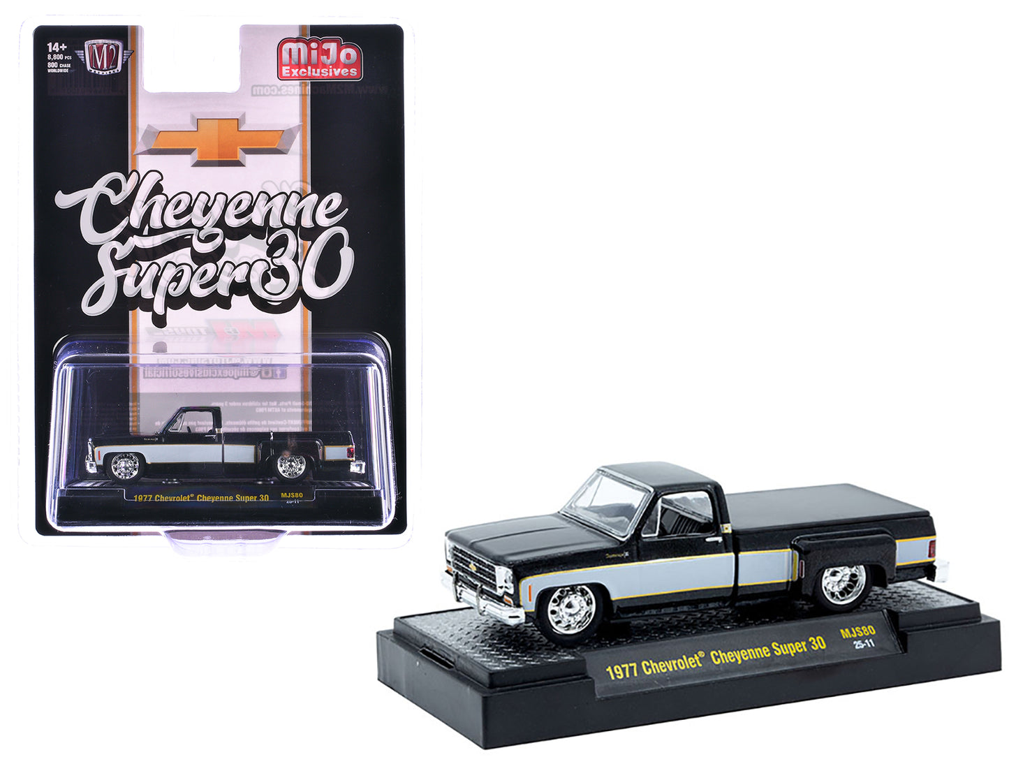 1977 Chevrolet Cheyenne Super 30 Pickup Truck Black with White Sides Limited Edition to 8000 pieces Worldwide 1/64 Diecast Model Car by M2 Machines-DiecastModeler.com