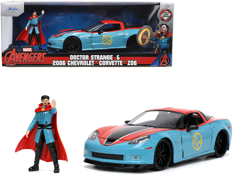 2006 Chevrolet Corvette Z06 Red and Blue with Doctor Strange Diecast Figurine "Avengers" "Marvel" Series "Hollywood Rides" 1/24 Diecast Model Car by Jada-DiecastModeler.com