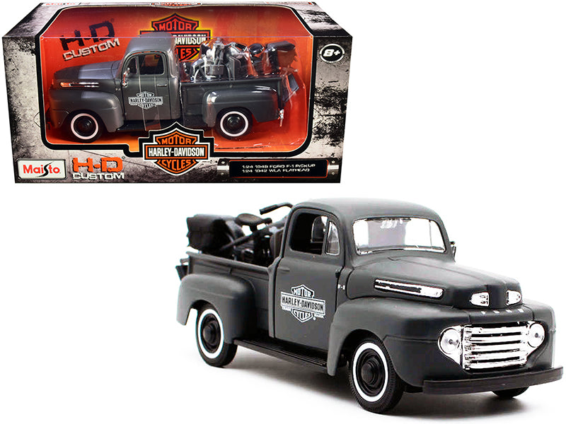 1948 Ford F-1 Pickup Truck and 1942 Harley-Davidson WLA Flathead Motorcycle Matt Dark Gray "Harley-Davidson Custom" 1/24 Diecast Models by Maisto-DiecastModeler.com