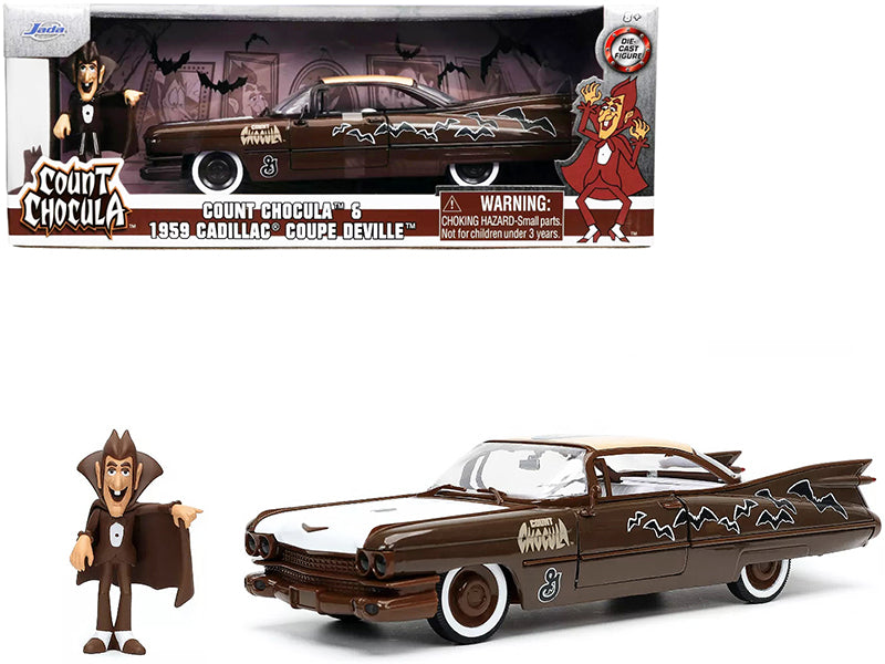 1959 Cadillac Coupe DeVille Brown and White with Graphics and Count Chocula Diecast Figurine "Hollywood Rides" Series 1/24 Diecast Model Car by Jada-DiecastModeler.com