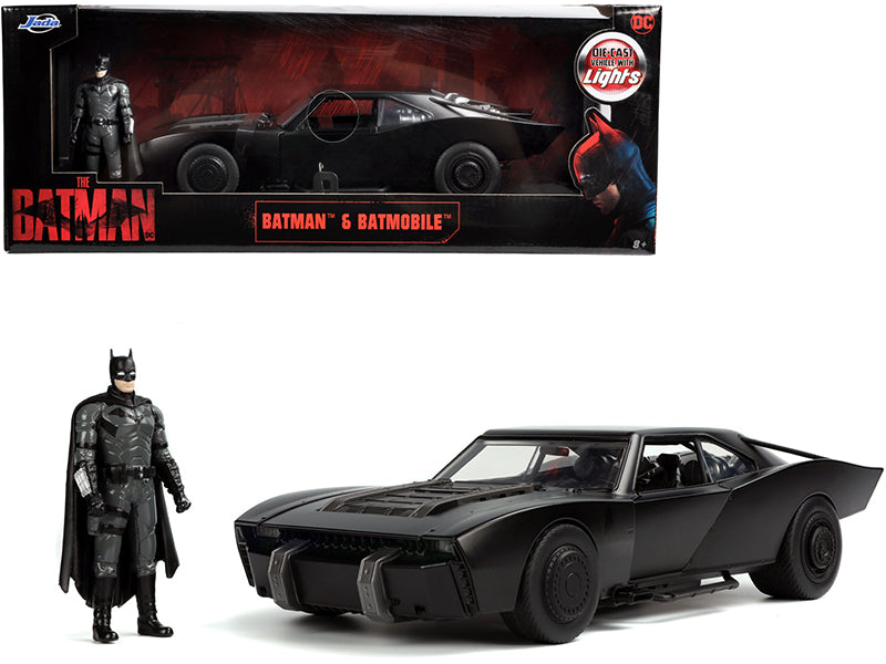Batmobile Matt Black with Lights with Batman Diecast Figurine "The Batman" (2022) Movie "DC Comics" 1/18 Diecast Model Car by Jada-DiecastModeler.com