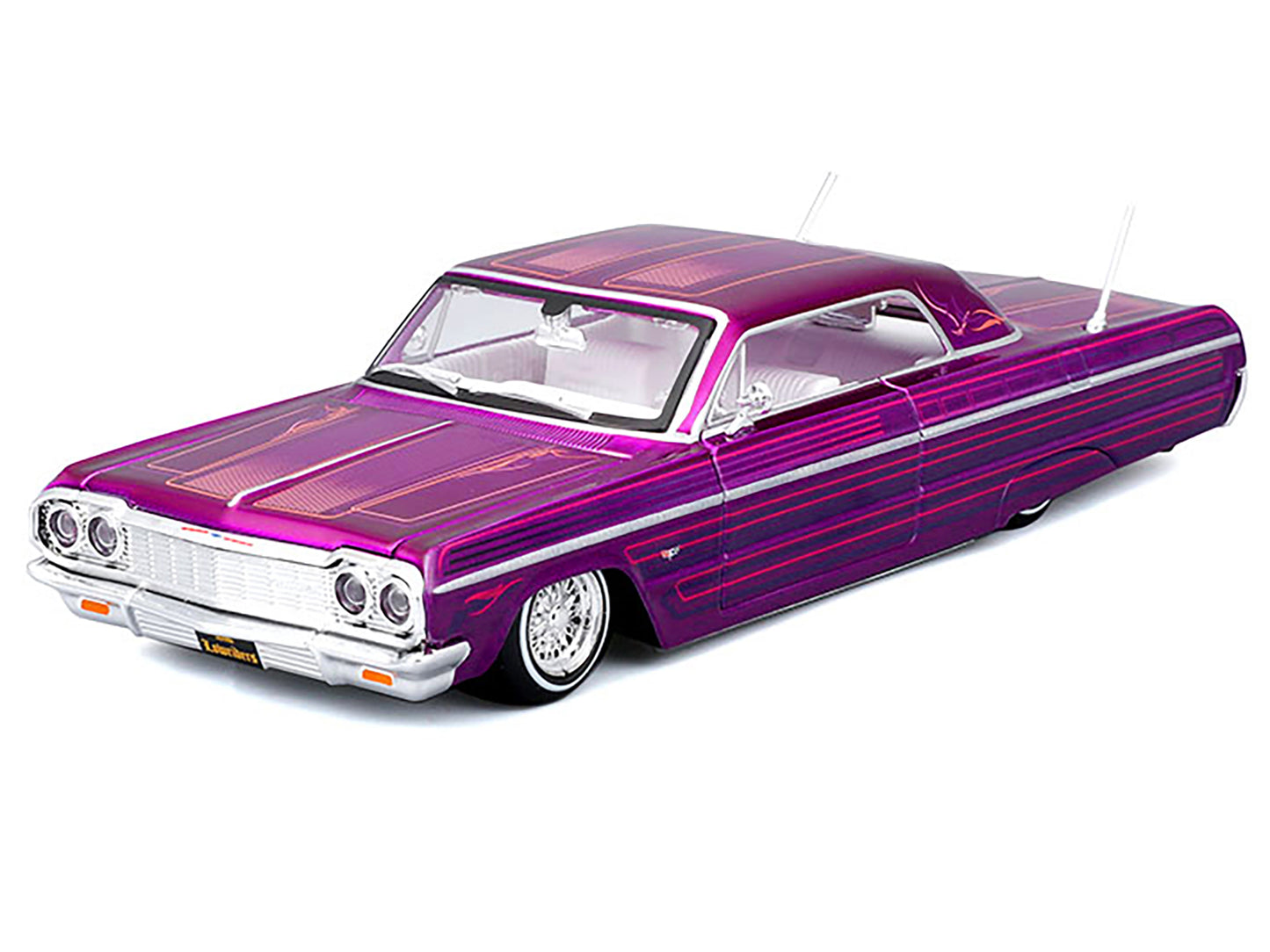 1964 Chevrolet Impala SS Lowrider Candy Purple with Graphics and White Interior "Lowriders" "Maisto Design" Series 1/26 Diecast Model Car by Maisto