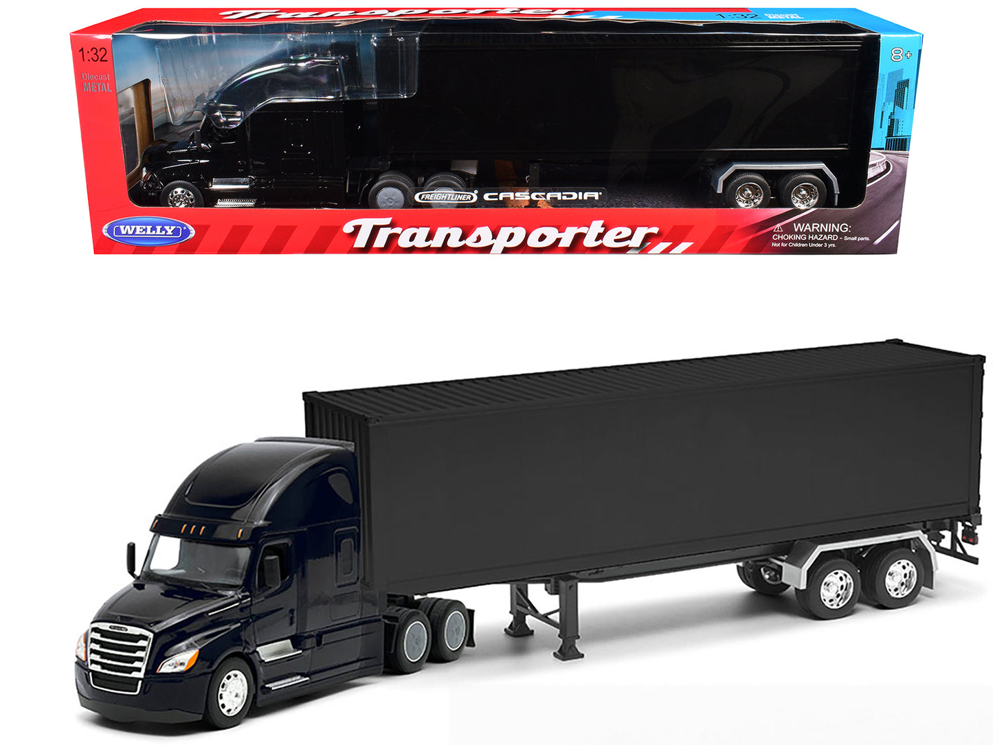 Freightliner Cascadia Truck Black with Plain Black Box Trailer 1/32 Diecast Model by Welly-DiecastModeler.com