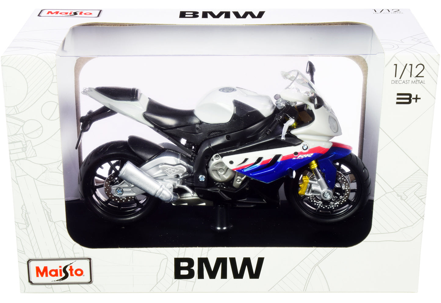 BMW S 1000 RR White with Blue and Red Stripes with Plastic Display Stand 1/12 Diecast Motorcycle Model by Maisto