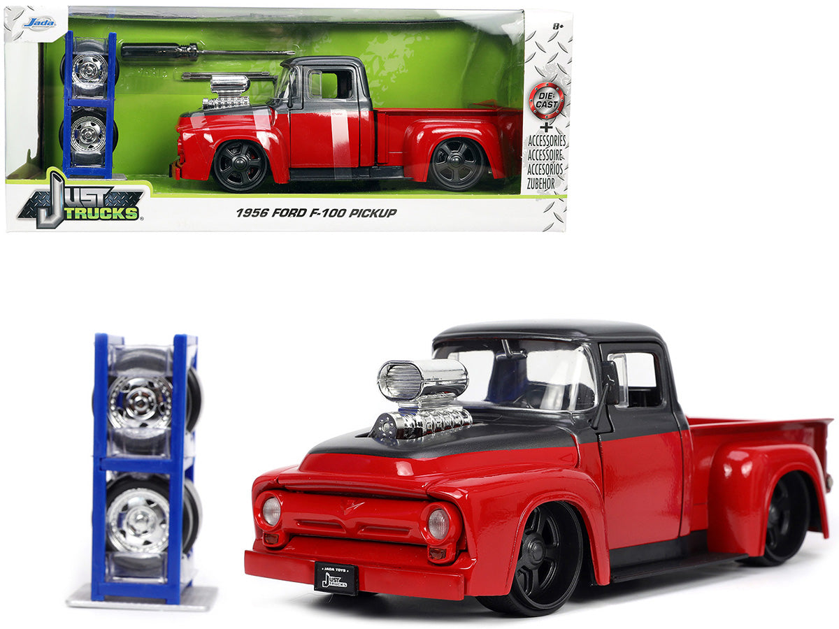 1956 Ford F-100 Pickup Truck Red and Dark Gray Metallic with Extra Wheels "Just Trucks" Series 1/24 Diecast Model Car by Jada-DiecastModeler.com