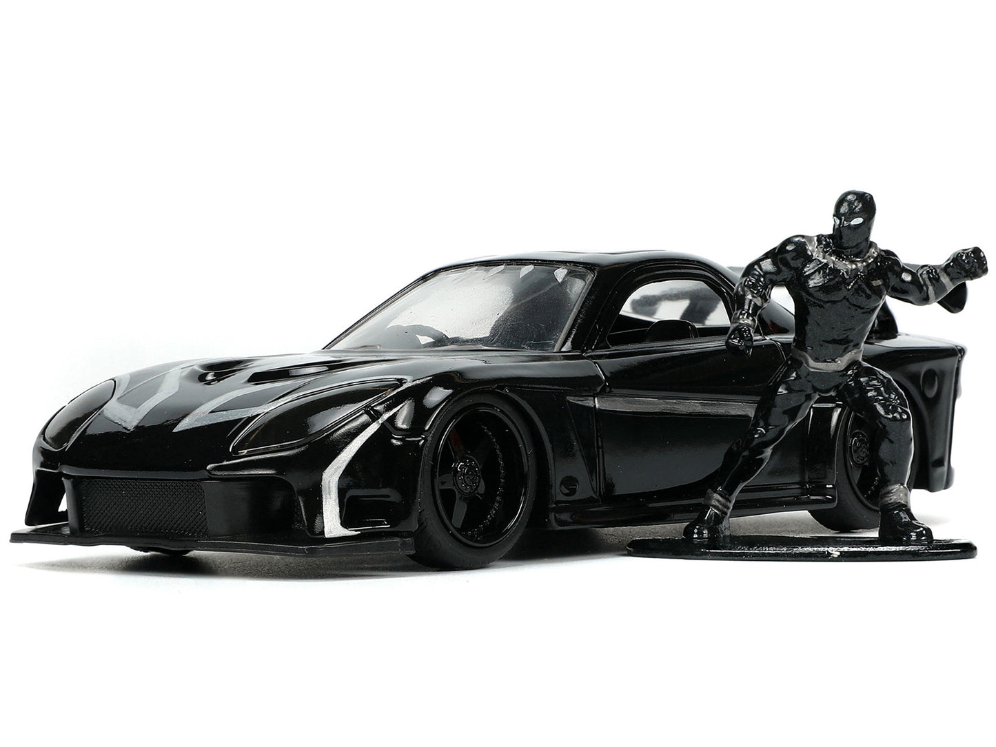 1995 Mazda RX-7 RHD (Right Hand Drive) Black and Black Panther Diecast Figure "The Avengers" "Hollywood Rides" Series 1/32 Diecast Model Car by Jada-DiecastModeler.com