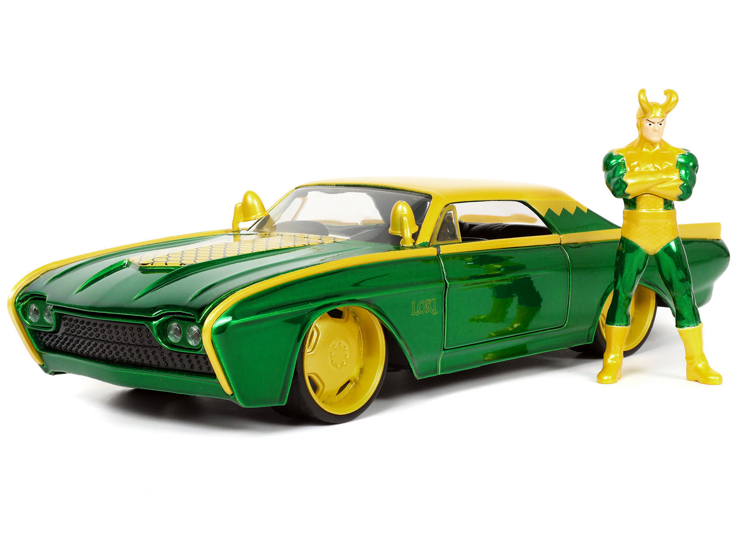 1963 Ford Thunderbird Green and Yellow Metallic with Hood Graphics and Loki Diecast Figure "Loki" "Marvel" Series 1/24 Diecast Model Car by Jada-DiecastModeler.com