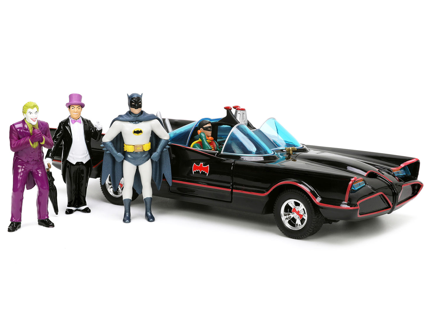 1966 Classic Batmobile with Diecast Batman The Joker The Penguin and Plastic Robin Sitting Inside The Car "Batman" TV Series (1966) "Hollywood Rides" Series 1/24 Diecast Model Car by Jada-DiecastModeler.com