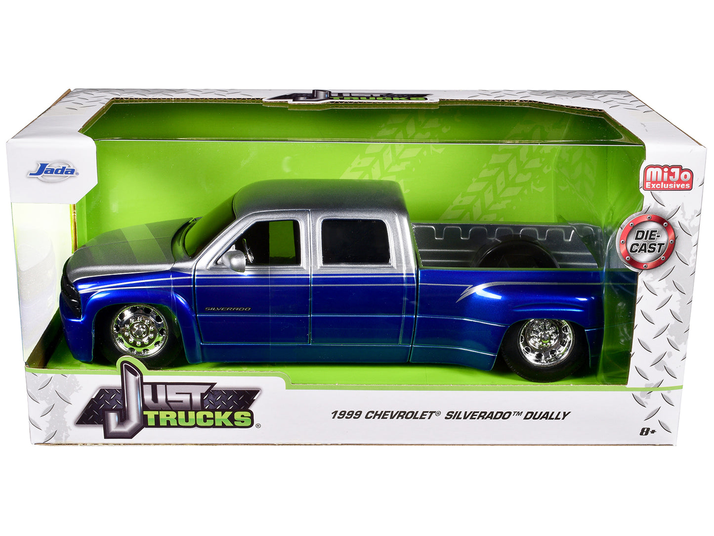 1999 Chevrolet Silverado Dually Pickup Truck Blue Metallic and Silver with Stock Wheels "Just Trucks" Series 1/24 Diecast Model Car by Jada-DiecastModeler.com