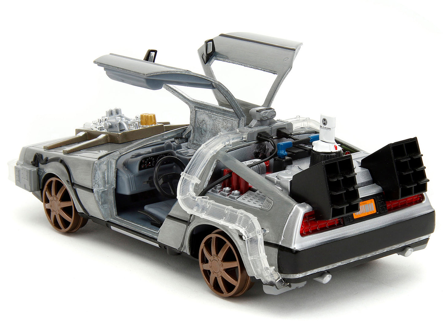 DeLorean Brushed Metal Time Machine (Train Wheel Version) with Lights "Back to the Future Part III" (1990) Movie "Hollywood Rides" Series 1/24 Diecast Model Car by Jada-DiecastModeler.com