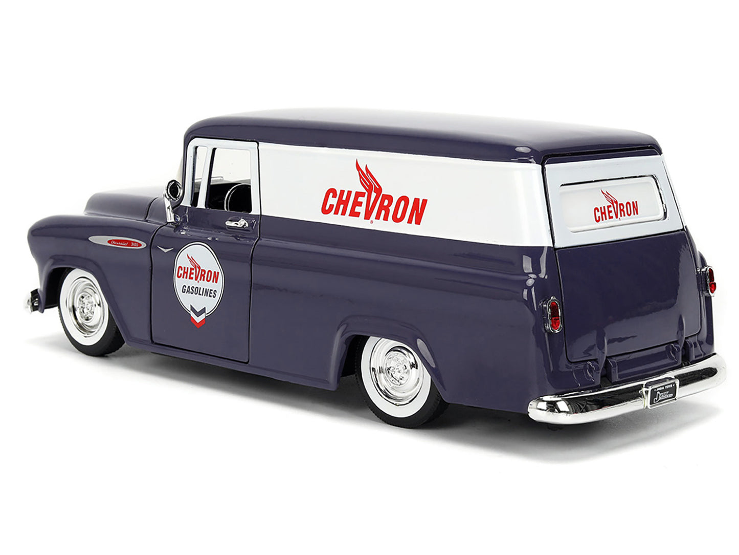 1957 Chevrolet Suburban "Chevron" Dark Blue with White Stripes and Chevron Gas Pump "Just Trucks" Series 1/24 Diecast Model Car by Jada-DiecastModeler.com