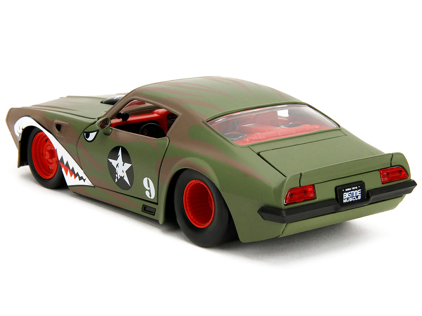1972 Pontiac Firebird #9 Green Camouflage Flames with Graphics and Red Interior "Bigtime Muscle" Series 1/24 Diecast Model Car by Jada-DiecastModeler.com
