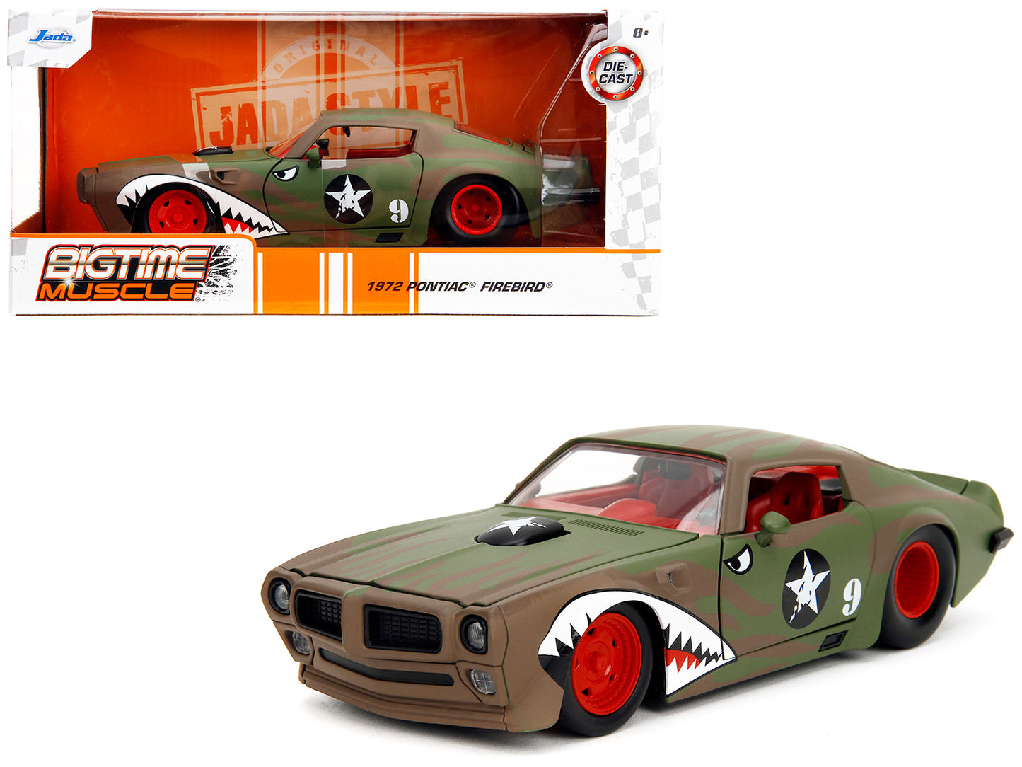 1972 Pontiac Firebird #9 Green Camouflage Flames with Graphics and Red Interior "Bigtime Muscle" Series 1/24 Diecast Model Car by Jada-DiecastModeler.com