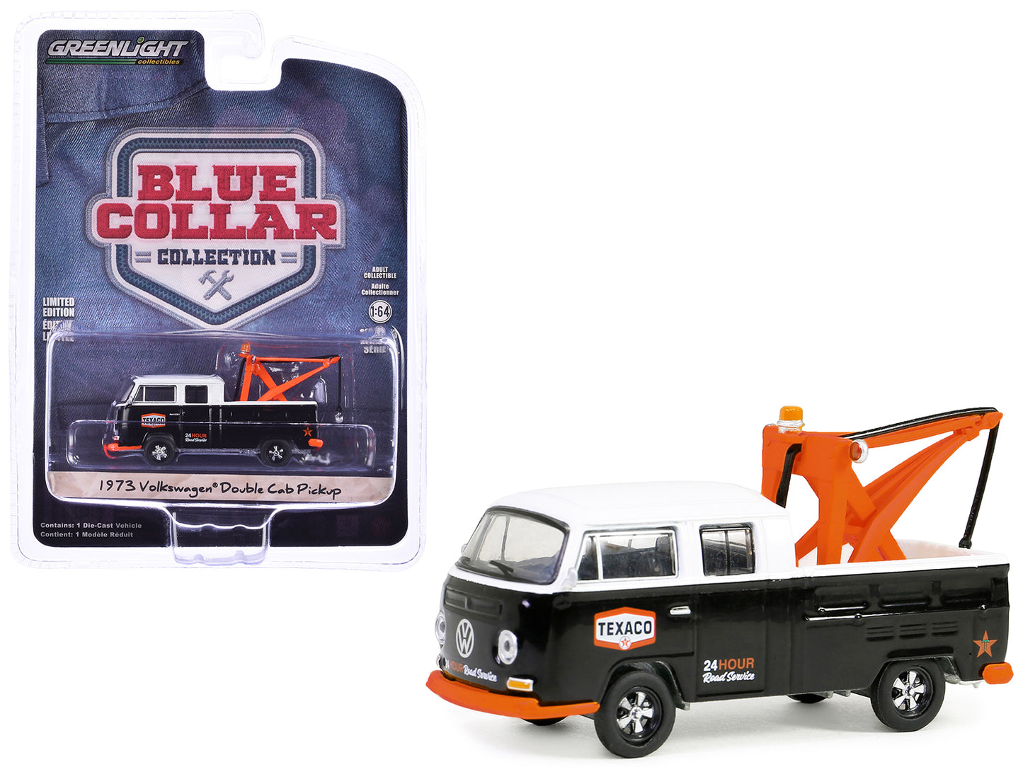 1973 Volkswagen Double Cab Tow Truck Black and White "Texaco 24 Hour Road Service" "Blue Collar Collection" Series 13 1/64 Diecast Model Car by Greenlight-DiecastModeler.com