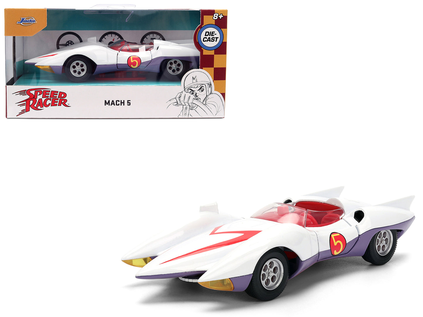 Mach 5 White with Red Stripes and Interior "Speed Racer" (1967) TV Series "Anime Hollywood Rides" Series 1/32 Diecast Model Car by Jada-DiecastModeler.com