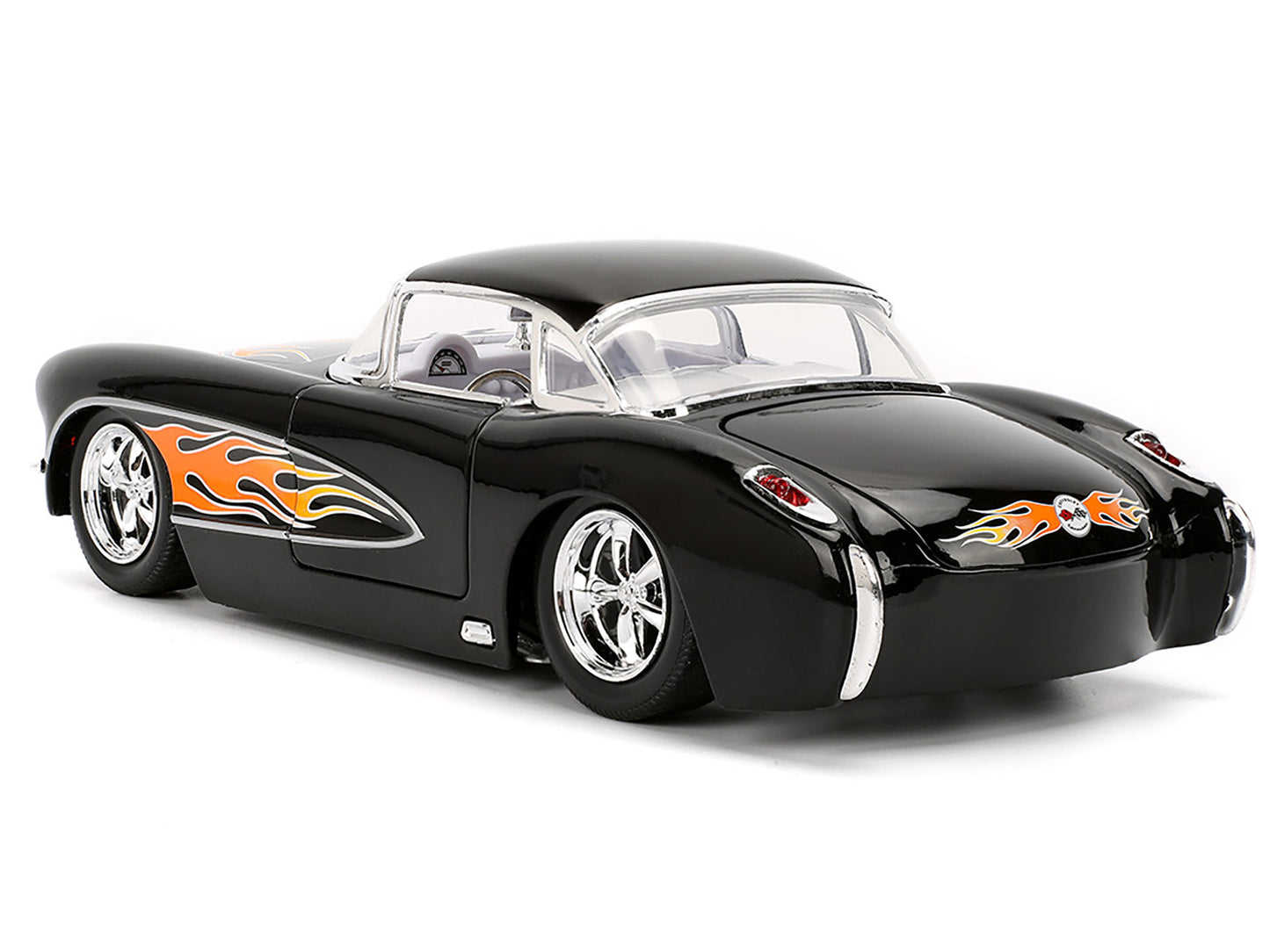 1957 Chevrolet Corvette Black with Flame Graphics and White Interior "Bigtime Muscle" Series 1/24 Diecast Model Car by Jada-DiecastModeler.com