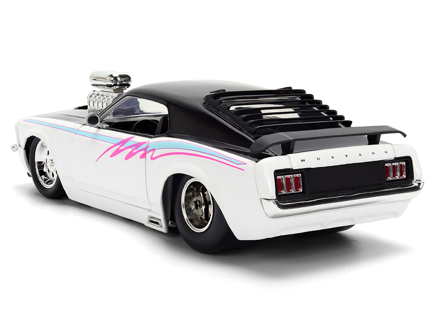 1970 Ford Mustang Boss 429 Black and White with Graphics "Bigtime Muscle" Series 1/24 Diecast Model Car by Jada-DiecastModeler.com