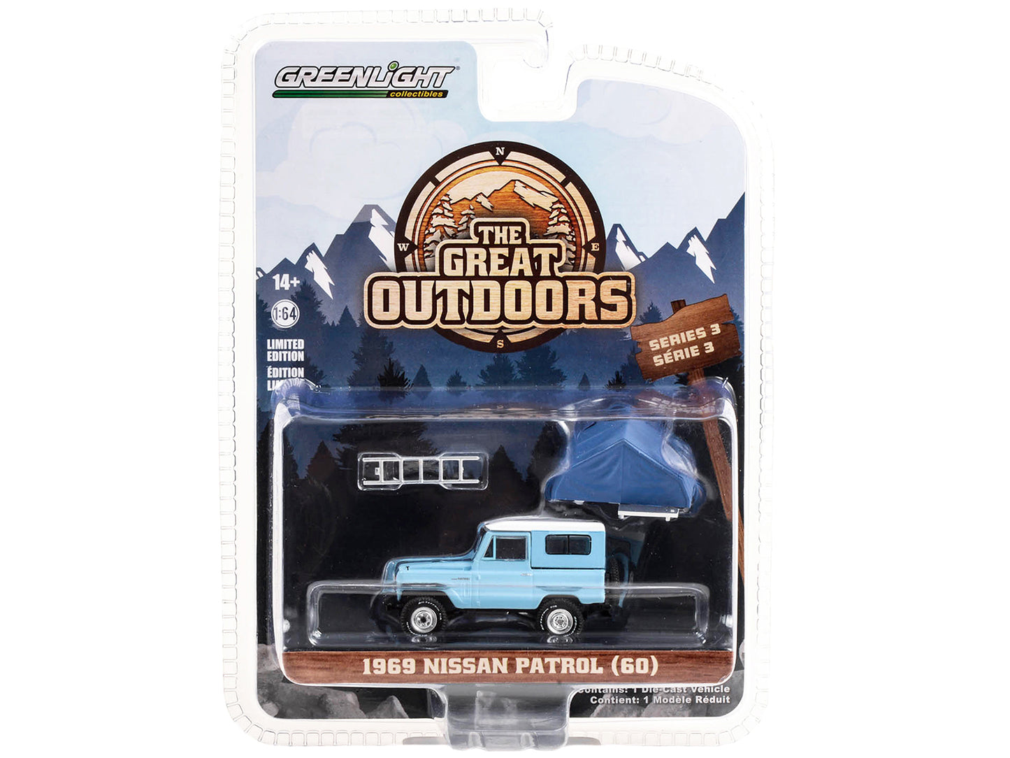 1969 Nissan Patrol (60) Light Blue with White Top and Camp'otel Cartop Sleeper Tent "The Great Outdoors" Series 3 1/64 Diecast Model Car by Greenlight