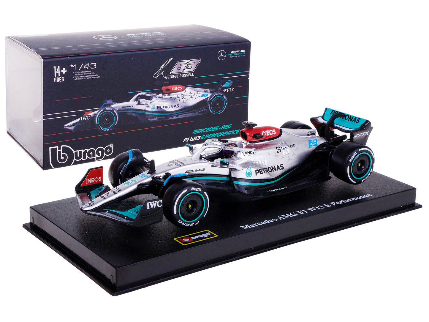 Mercedes-AMG F1 W13 E Performance #63 George Russell "F1 Formula One World Championship" (2022) with Display Case 1/43 Diecast Model Car by Bburago-DiecastModeler.com