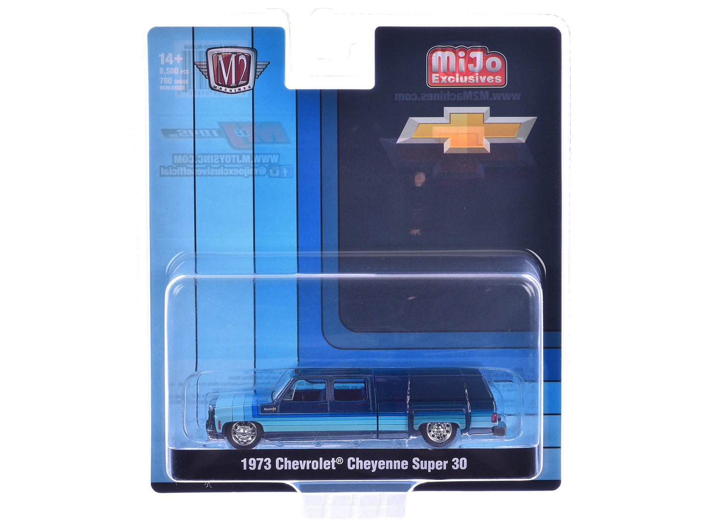 1973 Chevrolet Cheyenne Super 30 Pickup Truck with Camper Shell Blue with Stripes Limited Edition to 8500 pieces Worldwide 1/64 Diecast Model Car by M2 Machines