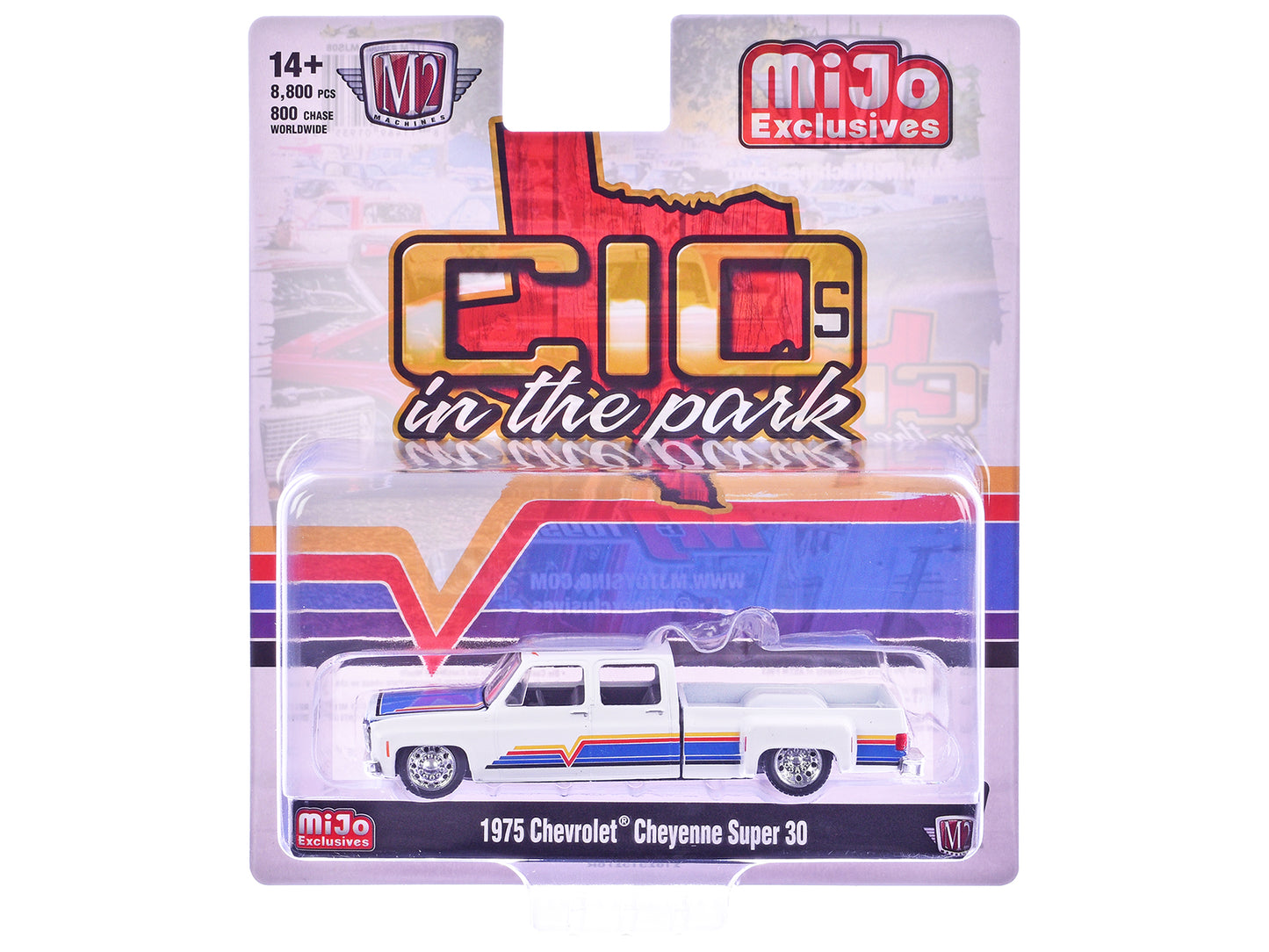 1975 Chevrolet Cheyenne Super 30 Dually Pickup Truck White with Blue Hood and Stripes Limited Edition to 8800 pieces Worldwide 1/64 Diecast Model Car by M2 Machines-DiecastModeler.com