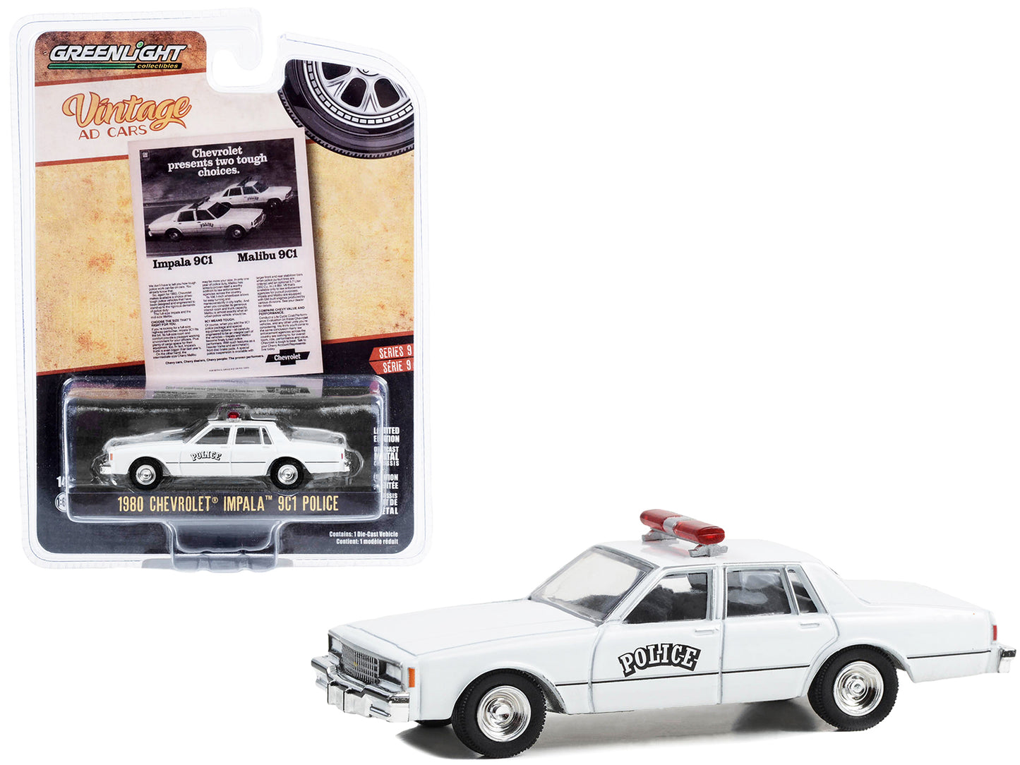 1980 Chevrolet Impala 9C1 Police White "Chevrolet Presents Two Tough Choices" "Vintage Ad Cars" Series 9 1/64 Diecast Model Car by Greenlight-DiecastModeler.com