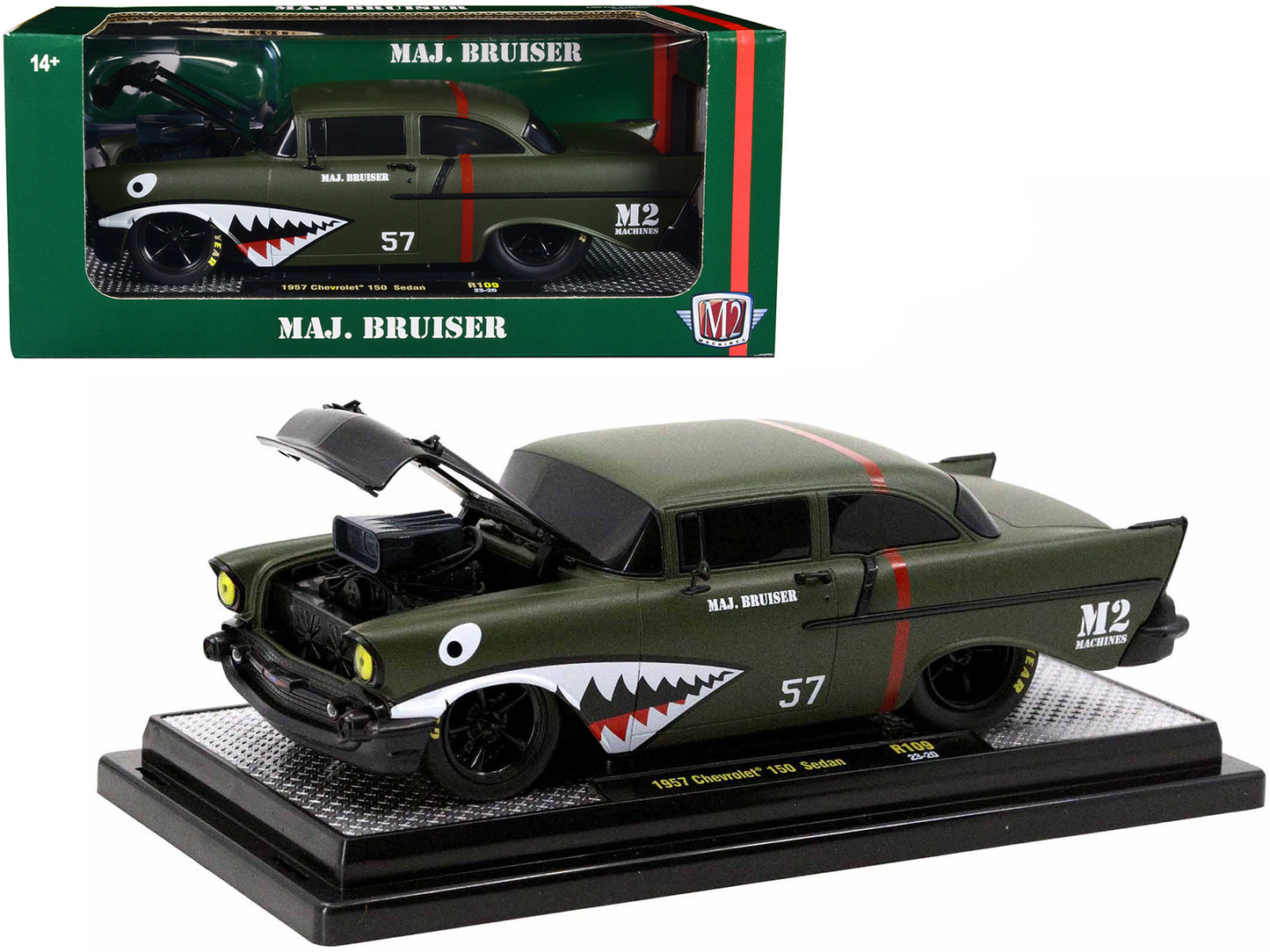 1957 Chevrolet 150 Sedan #57 Matt Green Metallic "Major Bruiser" Limited Edition to 5650 pieces Worldwide 1/24 Diecast Model Car by M2 Machines-DiecastModeler.com