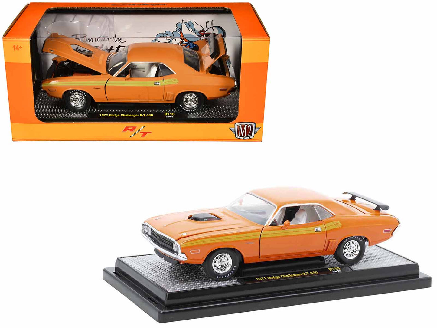 1971 Dodge Challenger R/T 440 Orange with Yellow Stripes and White Interior Limited Edition to 5250 pieces Worldwide 1/24 Diecast Model Car by M2 Machines-DiecastModeler.com