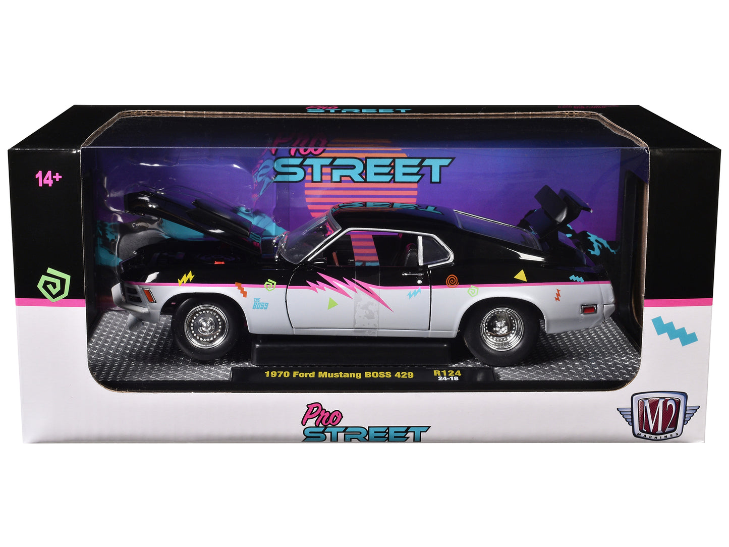 1970 Ford Mustang BOSS 429 "Pro Street" Black and Gray with Graphics Limited Edition to 6650 pieces Worldwide 1/24 Diecast Model Car by M2 Machines-DiecastModeler.com