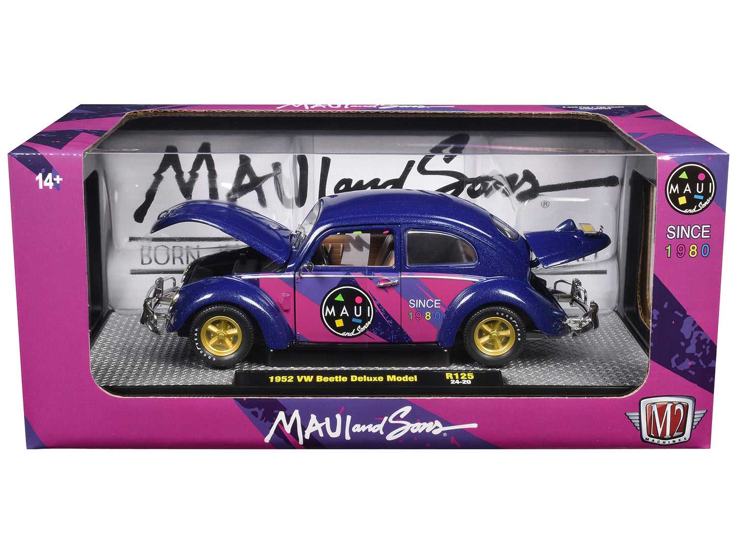 1952 Volkswagen Beetle Deluxe Model "Maui & Sons" Purple Metallic with Graphics Limited Edition to 6650 pieces Worldwide 1/24 Diecast Model Car by M2 Machines