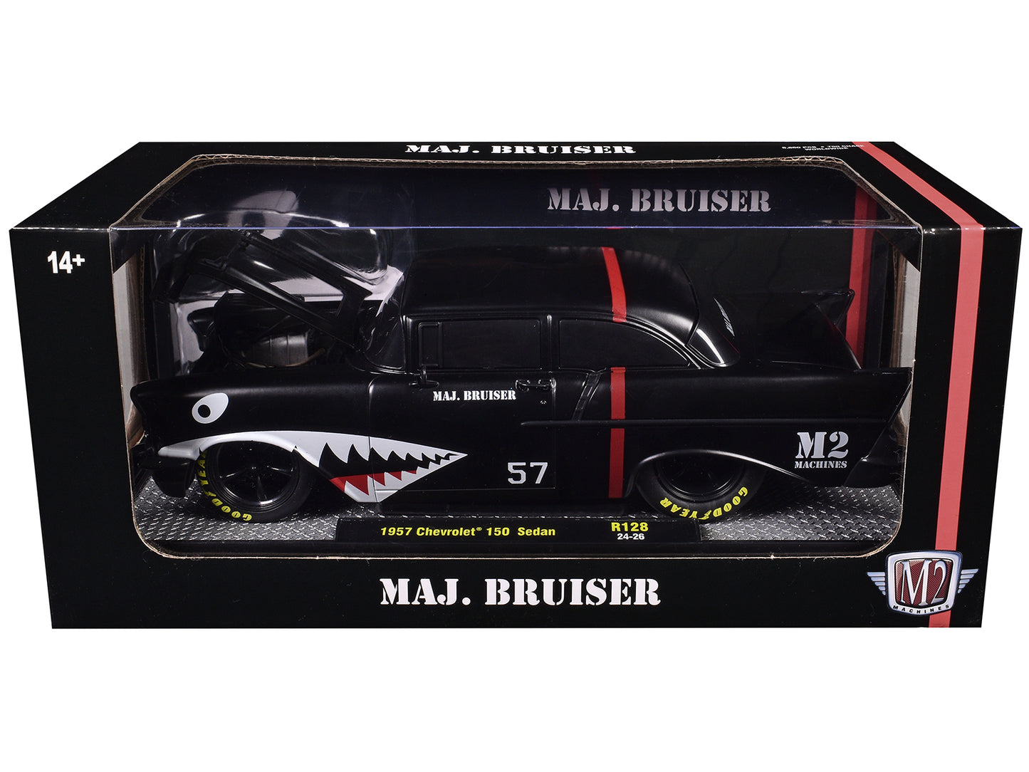 1957 Chevrolet 150 Sedan "Maj. Bruiser" Matt Black with Red Stripe and Shark Mouth Graphics Limited Edition to 6650 pieces Worldwide 1/24 Diecast Model Car by M2 Machines
