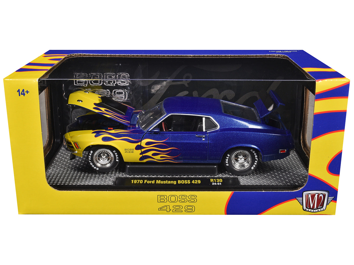 1970 Ford Mustang BOSS 429 Blue Metallic with Flame Graphics Limited Edition to 6650 pieces Worldwide 1/24 Diecast Model Car by M2 Machines