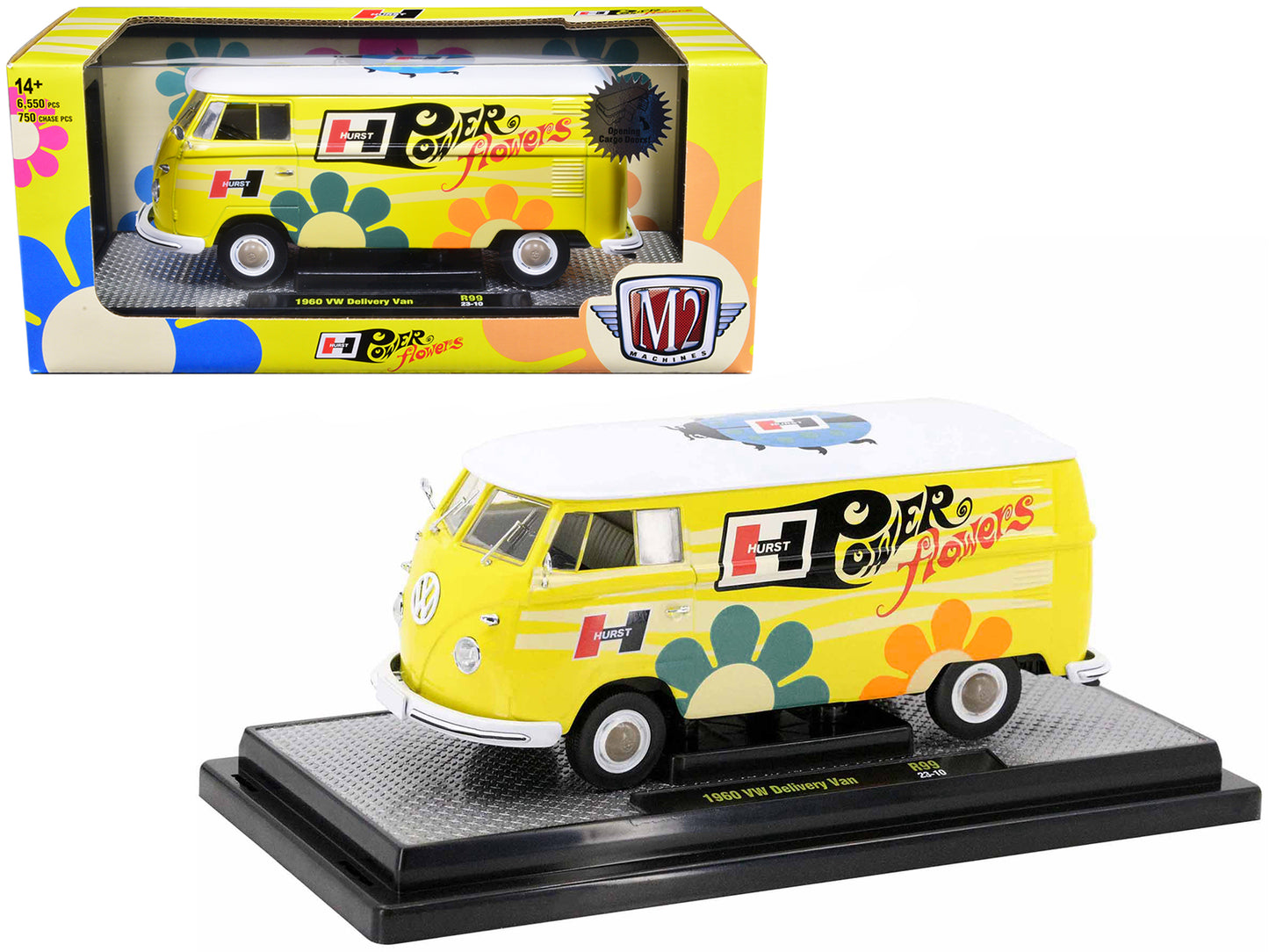 1960 Volkswagen Delivery Van Yellow with Bright White Top and Flower Graphics "Hurst Power Flowers" Limited Edition to 6550 pieces Worldwide 1/24 Diecast Model Car by M2 Machines-DiecastModeler.com