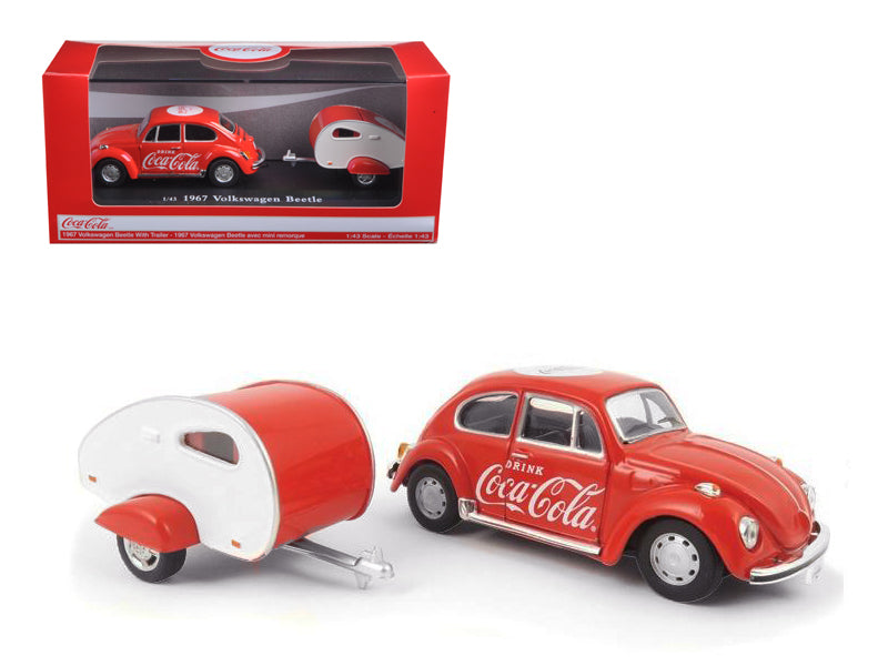 1967 Volkswagen Beetle Red with Teardrop Travel Trailer Red and White "Coca-Cola" 1/43 Diecast Model Car by Motorcity Classics-DiecastModeler.com