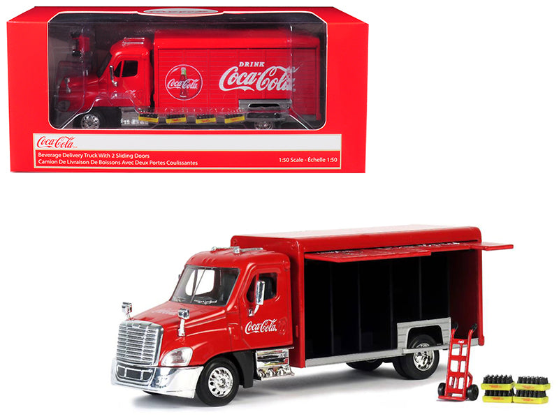 Beverage Delivery Truck "Coca-Cola" with Handcart and 4 Bottle Cases 1/50 Diecast Model by Motorcity Classics-DiecastModeler.com