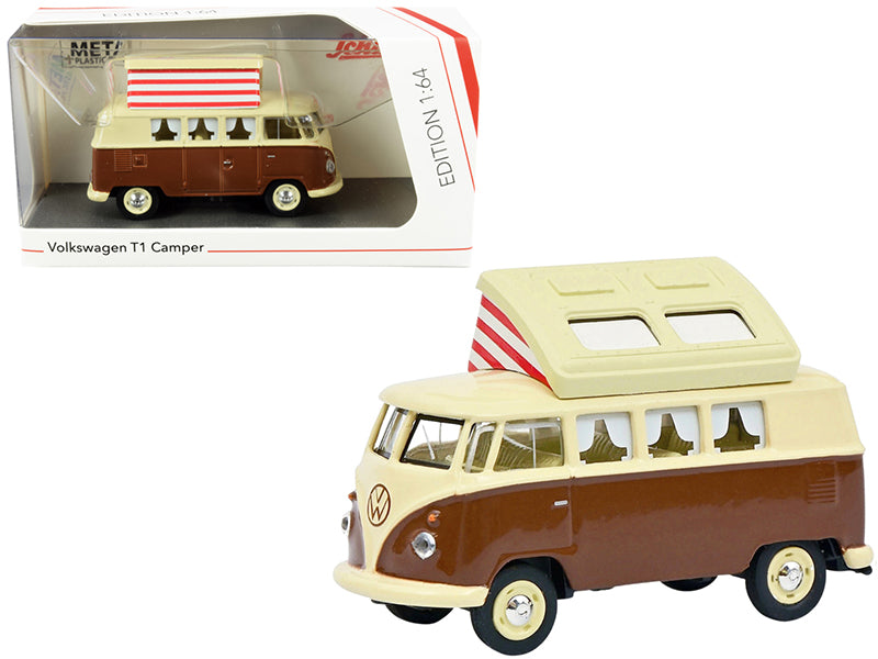 Volkswagen T1 Camper Bus with Pop-Top Roof Brown and Cream 1/64 Diecast Model by Schuco-DiecastModeler.com