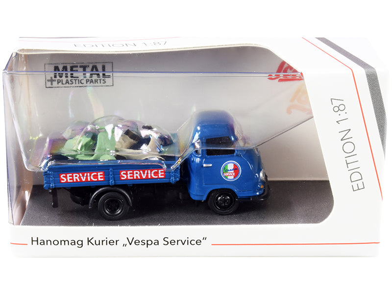 Hanomag Kurier Transporter "Vespa Service" Blue with 2 Vespas (Green and Cream) 1/87 (HO) Diecast Models by Schuco-DiecastModeler.com