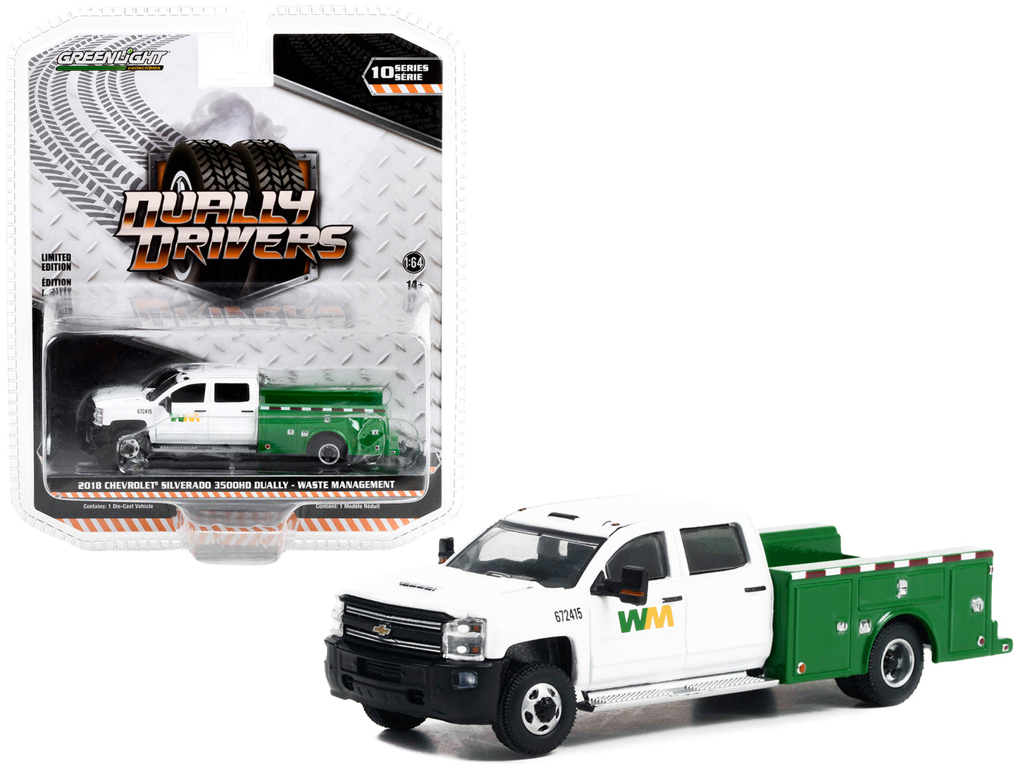 2018 Chevrolet Silverado 3500HD Dually Service Truck White and Green "Waste Management" "Dually Drivers" Series 10 1/64 Diecast Model Car by Greenlight-DiecastModeler.com