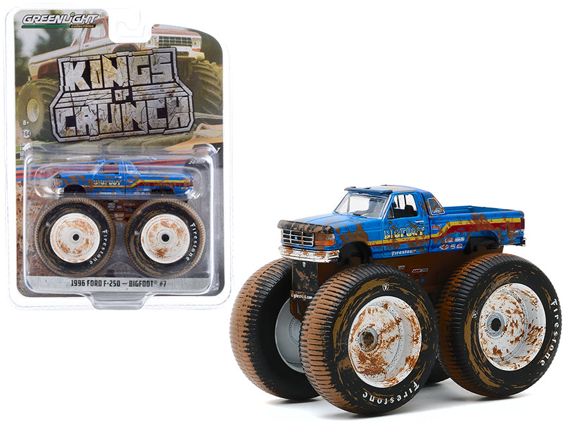 1996 Ford F-250 Monster Truck "Bigfoot #7" Blue (Dirty Version) "Kings of Crunch" Series 7 1/64 Diecast Model Car by Greenlight-DiecastModeler.com